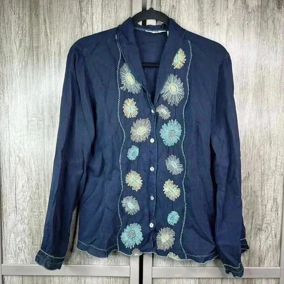 J Jill Top Medium Blouse Floral Embroidered Button Down Blue Color Sz M - Picture 1 of 9
